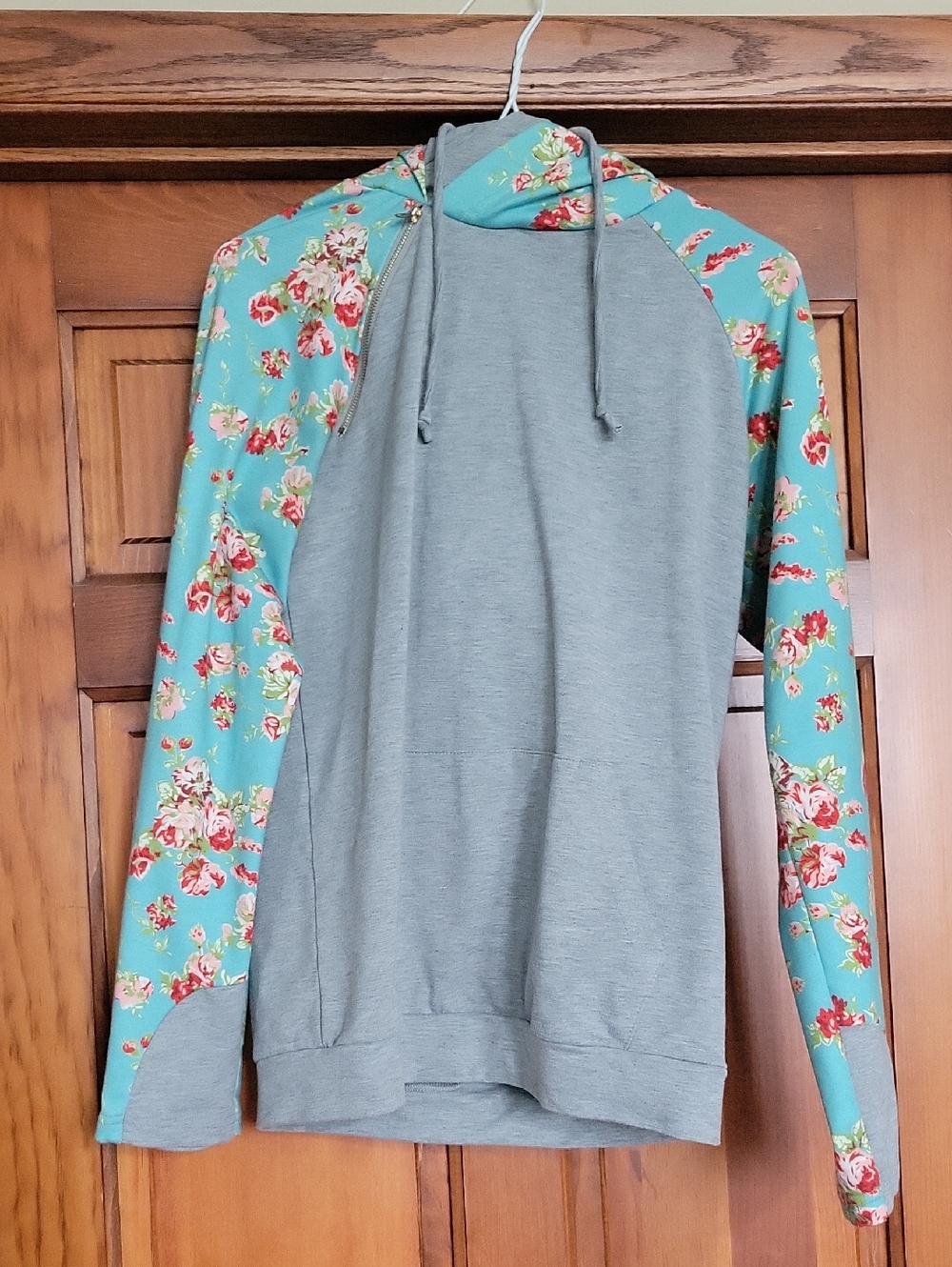 Grey Hoodie with Floral Aqua Raglan Sleeves